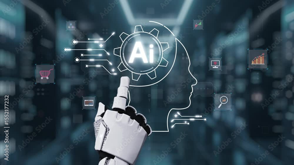 Poster a robotic hand points towards a digital representation of artificial intelligence, illustrating the 