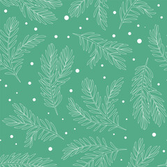 Seamless vector pattern of fir tree branches in white outline and snow on green-blue background