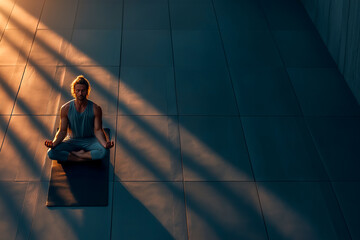 Meditative pose under sunlit shadows. A person finds inner peace through mindful yoga practice on a tranquil tile backdrop.