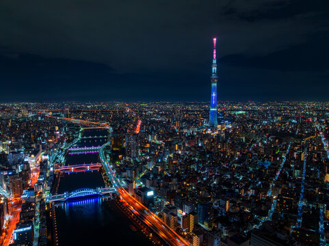Aerial view Tokyo at night with river