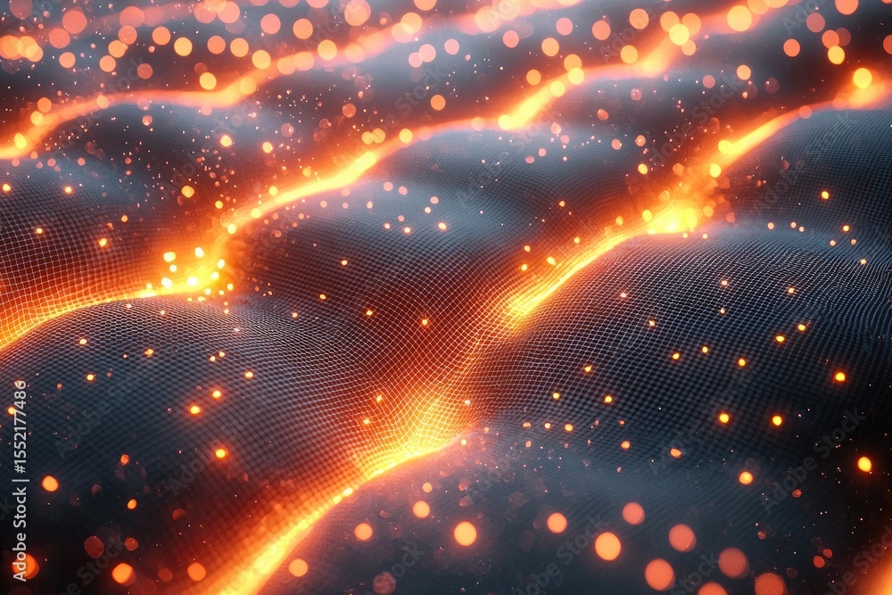 Poster glowing orange tech mesh wave with particles and grid