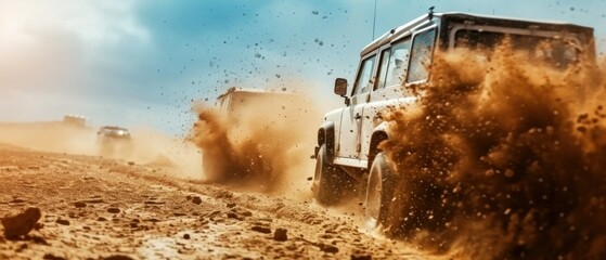 Off-road vehicle driving on the sand in the desert. Extreme sport concept. Off Road Car. 4X4. Off Road Car concept with copy space. a 4x4 car driving offroad on a dusty countryside road.