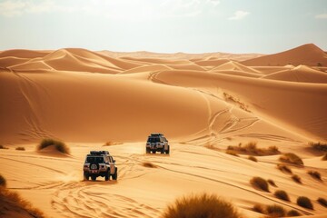 Off-road car in the desert. Extreme sport concept. 4X4. Off Road Car concept with copy space. a 4x4 car driving offroad on a dusty countryside road.