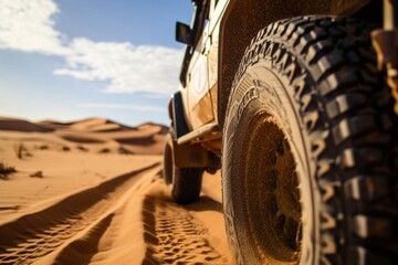 Wheel of off-road vehicle in mud, close-up. Extreme sport concept. 4X4. Off Road Car concept with copy space. a 4x4 car driving offroad on a dusty countryside road.