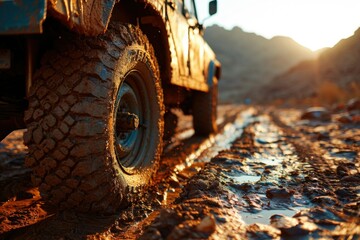 Off-road vehicle on the road in the mountains at sunset. Extreme sport concept. 4X4. Off Road Car concept with copy space. a 4x4 car driving offroad on a dusty countryside road.