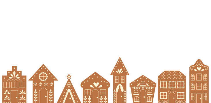 Gingerbread Houses Border. Christmas and New Year Cookies Background. Festive Homemade Bakery Banner. 