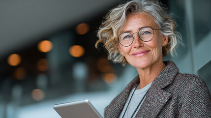 Portrait of a smiling woman with glasses holding a tablet.