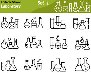 A laboratory icon set includes vector illustrations of scientific tools and equipment such as test tubes, microscopes, flasks, petri dishes, safety goggles, and chemical symbols. Ideal for medical.