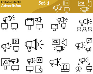 An advertising icon set includes vector illustrations of marketing elements such as megaphones, billboards, banners, social media ads target symbols, and digital screens. Ideal for branding marketing.