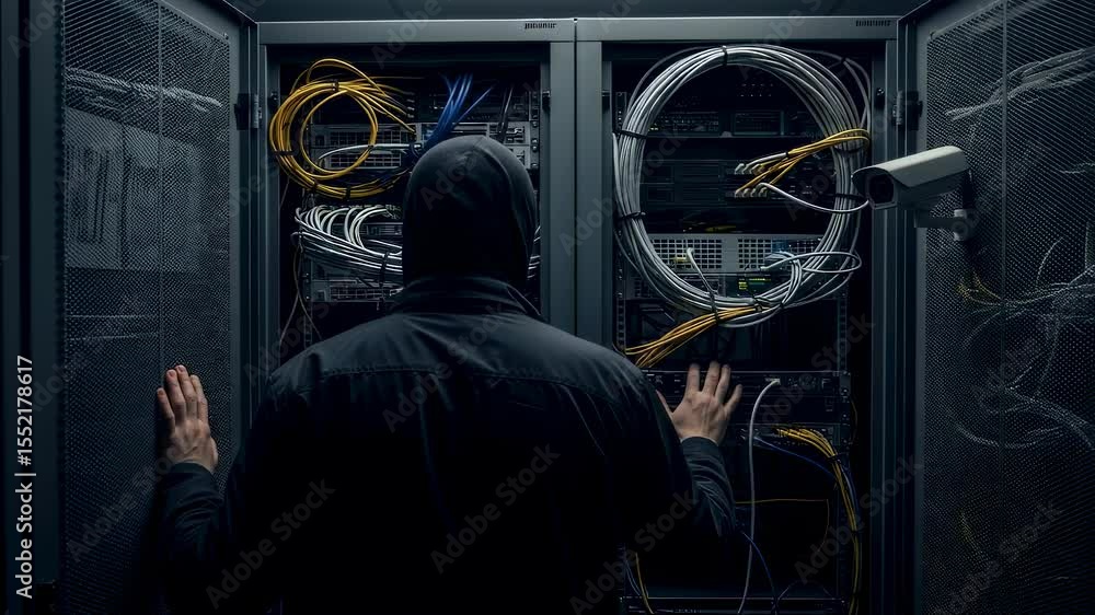 Poster man in hoodie inspecting data server with security camera watching, a concept of cybersecurity and n