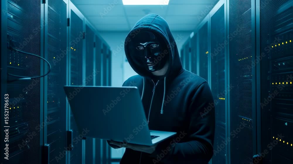 Poster man hacker in black mask and hoodie using laptop in server room, concept of cyber crime and data sec