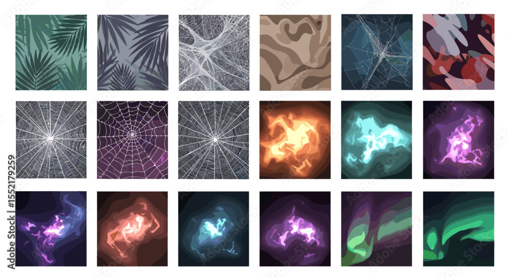 Poster collection of eighteen rectangular images featuring various patterns and abstract designs shown toge