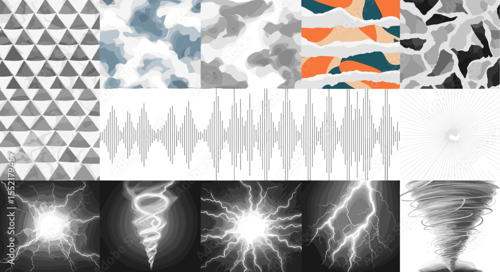 Poster diverse abstract patterns featuring triangles, waves, lightning, and a tornado in a grid format