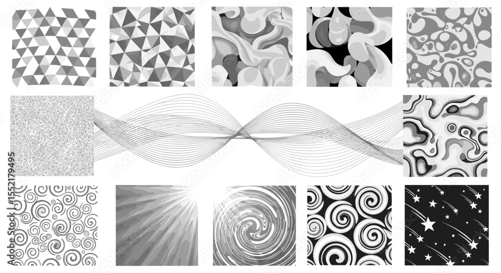 Poster collection of grayscale abstract patterns including geometric shapes swirls and celestial elements d