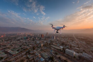 A drone captures a vibrant cityscape at sunset, showcasing buildings and the fading light over distant mountains