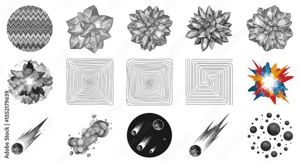 Poster collection of fifteen abstract artistic renderings including geometric shapes and celestial objects 