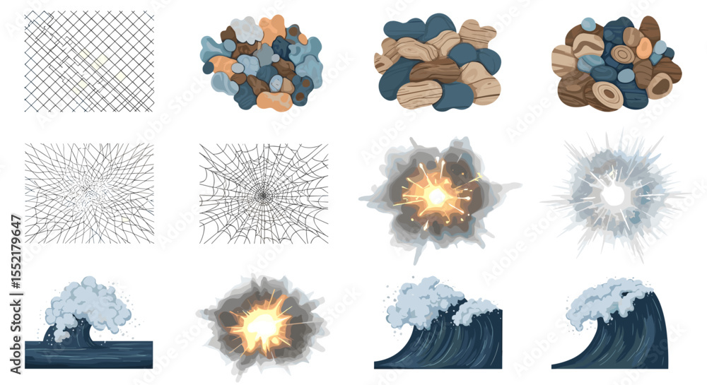 Poster collection of stylized elements including nets stones cracks explosions and ocean waves in a grid la