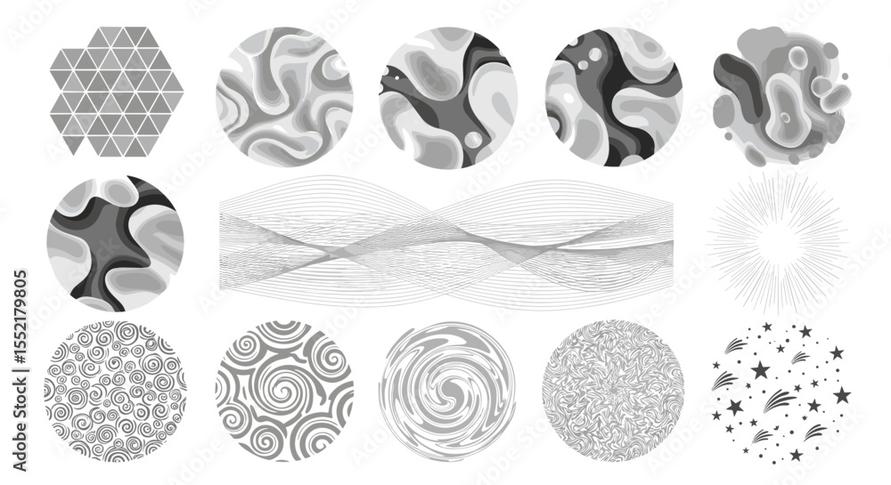 Poster collection of grayscale abstract designs featuring geometric shapes swirls and organic patterns in o