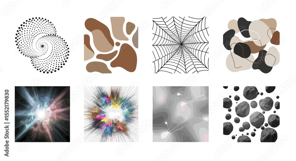 Poster collection of abstract images featuring spirals, shapes, web, bursts, and pebble patterns in various