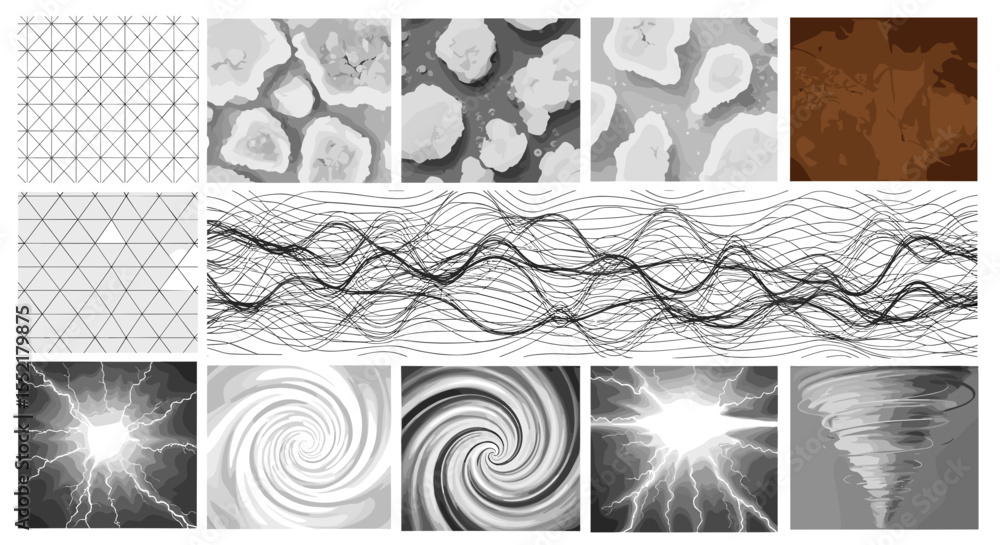 Poster various patterns and abstract designs showcasing geometric shapes waves and natural phenomena in mon