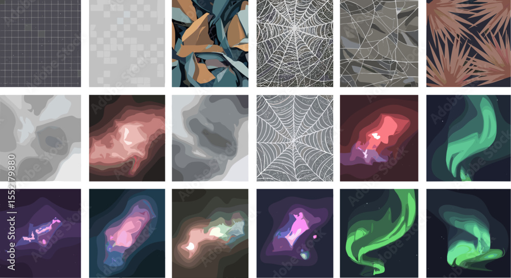 Poster collection of diverse abstract backgrounds featuring patterns textures and aurora borealis designs