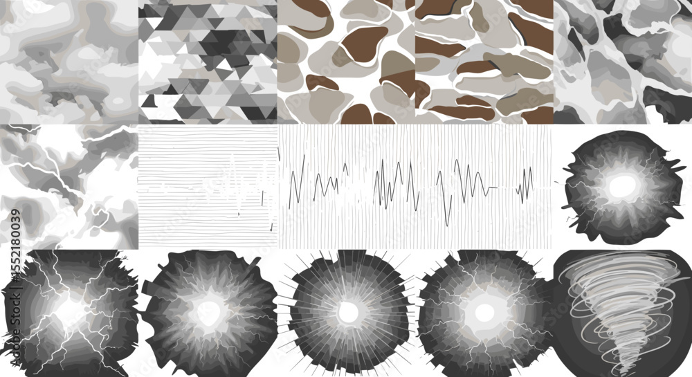 Poster assorted patterns and effects including triangles lines lightning and a tornado in grayscale shades 
