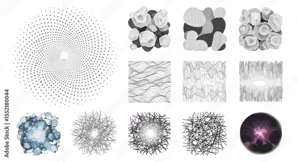 Poster collection of abstract art featuring diverse patterns and textures in various styles and composition