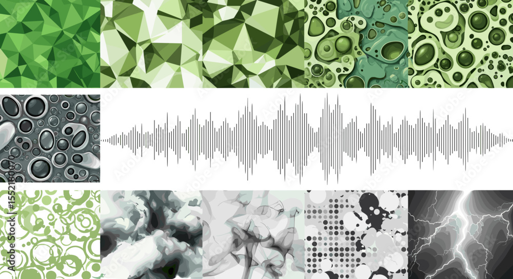Poster assorted textures and patterns including geometric shapes, fluid designs, and a sound wave visualiza