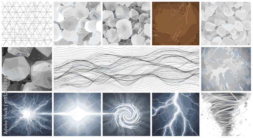 Poster collection of abstract textures including geometric patterns stones and weather elements shown in a 