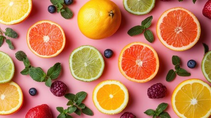 Obraz premium Colorful citrus fruits and berries arranged on a pink background.