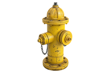 Weathered yellow fire hydrant with chain isolated on transparent background