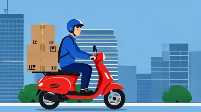 Delivery man zipping through city with packages
