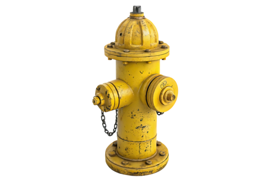 Weathered yellow fire hydrant with chain isolated on transparent background