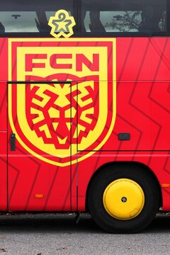 Aarhus, Denmark - October 23, 2024: FC Nordsj&aelig;lland logo on a bus. FC Nordsj&aelig;lland is a professional Danish football team from the North Zealand town of Farum playing in Superliga