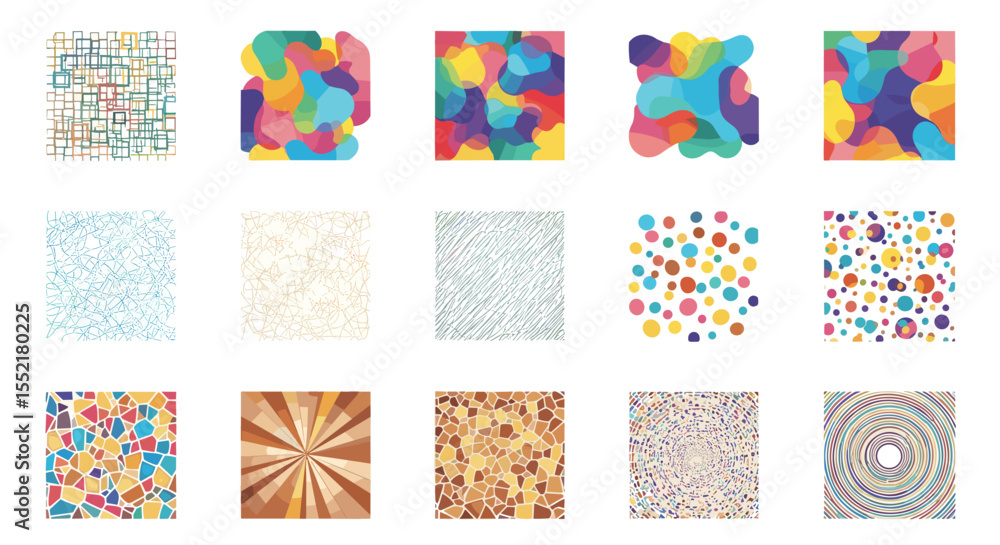 Poster collection of fifteen abstract rectangular designs featuring various patterns and color schemes disp