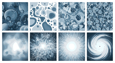 Collection of eight abstract designs featuring bubbles shapes lines and swirling vortex patterns in blue tones