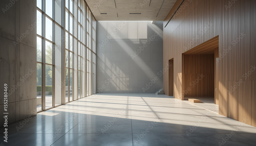 Poster bright interior with large windows illuminating concrete walls and floors, casting shadows to create