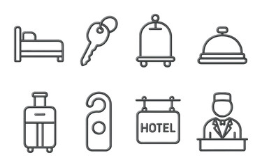 Hospitality and hotel icons set &ndash; outline, accommodation and travel symbols