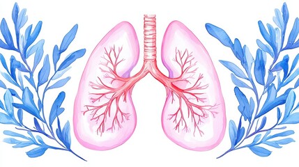 Fototapeta premium Watercolor Style Lungs Surrounded by Greenery Representing Health, Life, and Breathing in Artistic Nature
