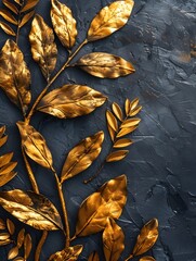 Gold leaves adorn wall frame art a textured dark background, perfect for adding a touch of luxury and elegance to any creative project.