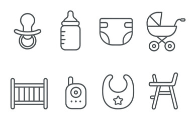 Baby essentials icons set – outline, nursery and infant care design symbols