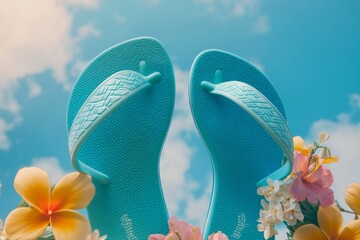 Blue flip-flops in floral surrounding against sky background