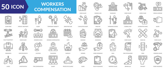 Waste management icon collection set. Containing Hearing Loss, Medical Expense, Temporary Disability, Claim Form, Medical Treatment, Work Injury, Work Injury, Insurance,Injury, Wheel Chair Icon