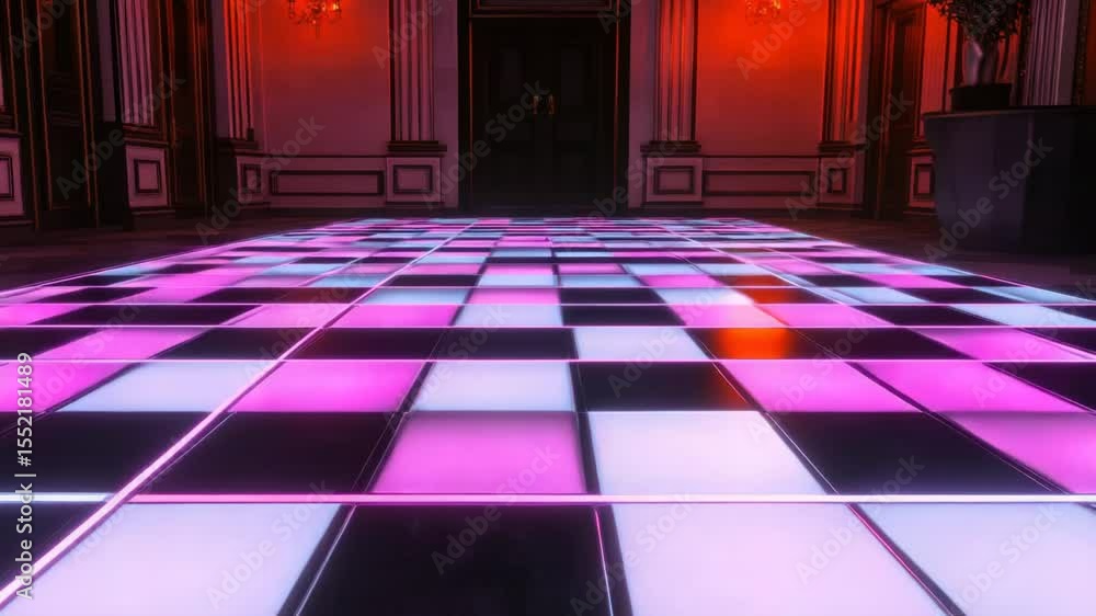 Poster a large room with a checkered floor and a chandelier