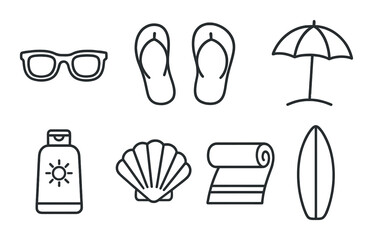 Fototapeta premium Beach essentials icons set – outline style, summer vacation and seaside symbols
