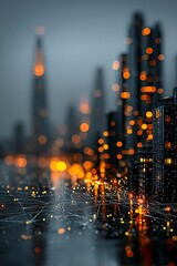 Futuristic Cityscape at Night with Glowing Network Connections