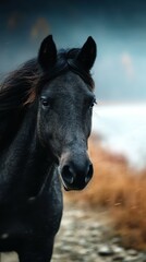 Majestic black horse stands near a tranquil river during early morning light in a misty landscape