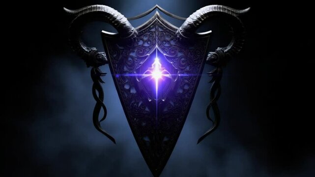 Dark fantasy ornate shield with glowing purple crystal and ram horns intricate metalwork detailed design epic medieval armor symbol powerful ancient artifact occult emblem4k hd video dwonload 