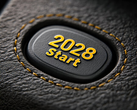 Close-up of a start button with "2028 start" text on black textured surface with yellow stitching