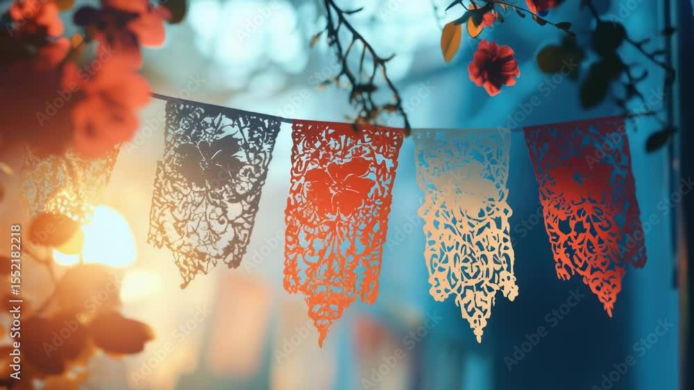 Poster flags hanging from a tree branch, decorative or ceremonial use